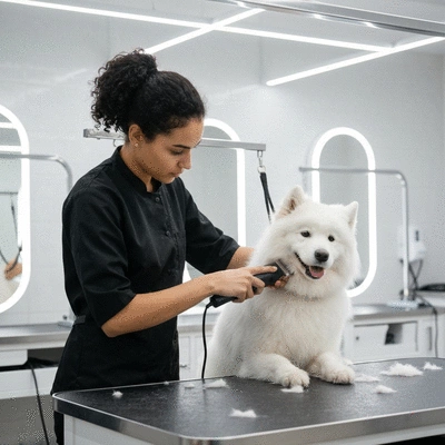 Professional groomer using clippers on a dog, in a clean, modern grooming salon environment