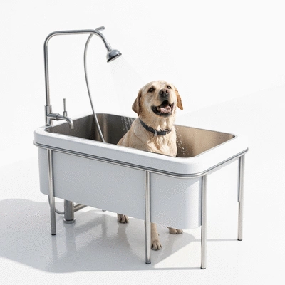 Modern DIY dog bathing station setup with a happy dog being bathed
