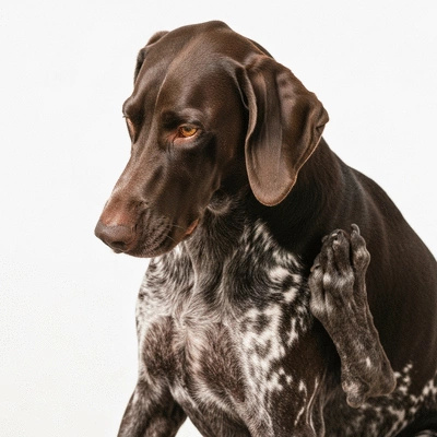 Dog scratching intensely at itchy skin, showing discomfort