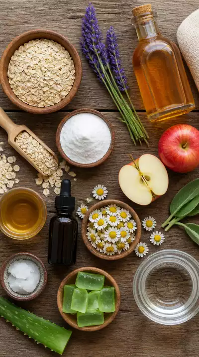 Various natural ingredients for dog shampoo on a wooden table