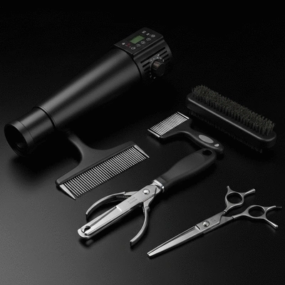 Various dog grooming tools laid out, including a dog dryer, brushes, and towels, clean image, professional product photography