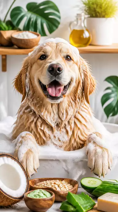 Dog getting a bath with natural shampoo