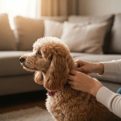 Owner gently grooming a dog with a specific coat type, illustrating tailored care