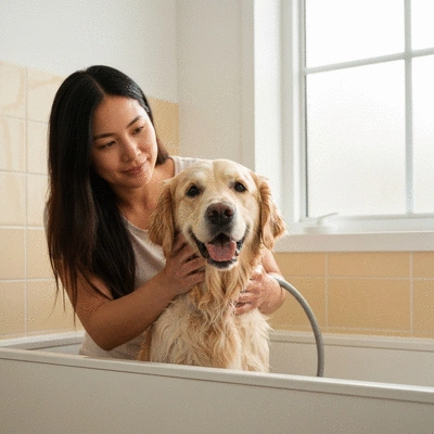 Happy Golden Retriever being gently bathed by its owner, with dog-specific shampoo in a clean, bright bathroom, no text, no words, no typography, 8K