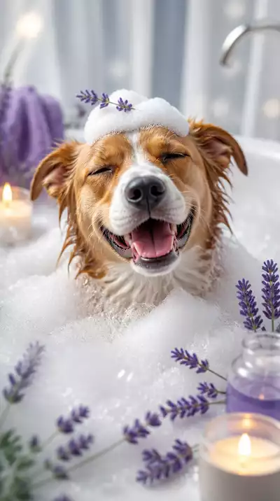 Dog enjoying a bath with calming lavender scent