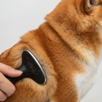 Close-up of a dog's fur being gently brushed, showing different coat textures