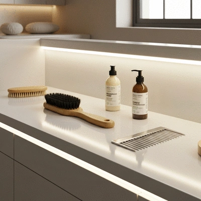 Various dog grooming tools on a clean surface