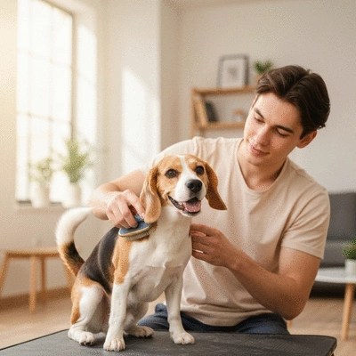 Happy dog being groomed at home by owner, gentle and clean environment