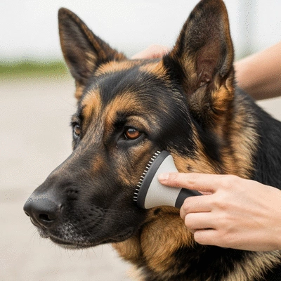Dog being gently brushed by owner to check for skin issues