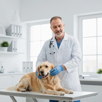 Veterinarian administering allergy treatment to a dog in a clinic setting