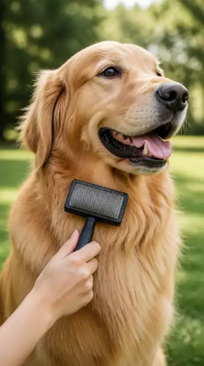 Happy dog being gently brushed outdoors with a slicker brush