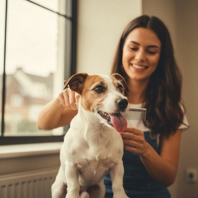 Happy dog being gently groomed by owner