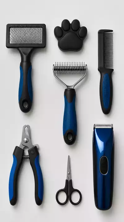Various dog grooming tools arranged neatly on a clean table
