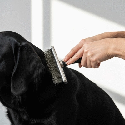 Close-up of a slicker brush being used gently on a long-haired dog's fur, removing loose hair, bright studio lighting, no text, no words, no typography, 8K