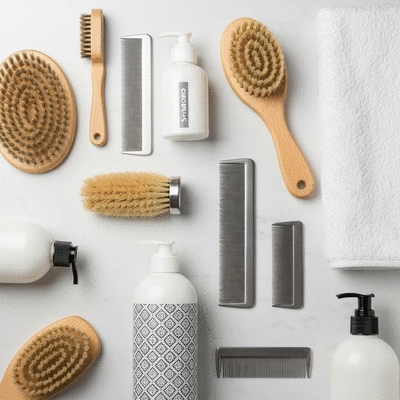 Various dog grooming tools on a clean surface