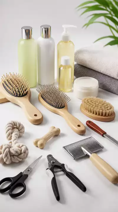 Assortment of dog grooming products and tools on a clean table
