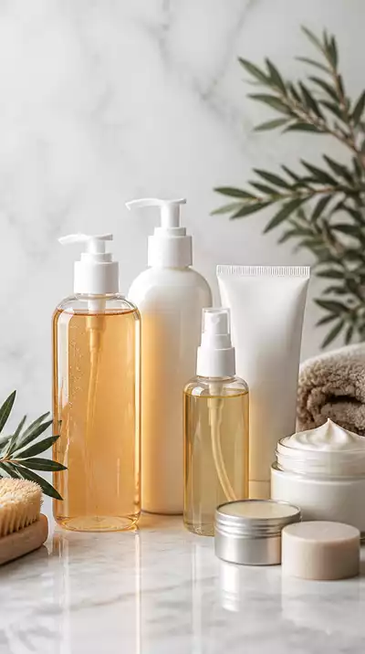 Various natural dog skin care products on a clean counter, soft lighting
