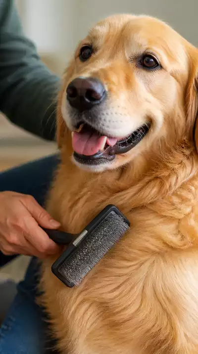 Person using a slicker brush on a golden retriever's fur
