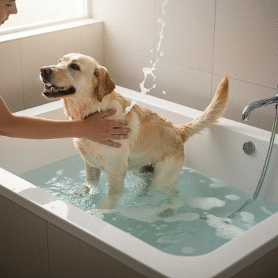 Happy dog being bathed by owner in a clean bathtub