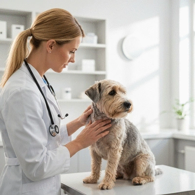 Veterinarian examining a dog's skin during a check-up