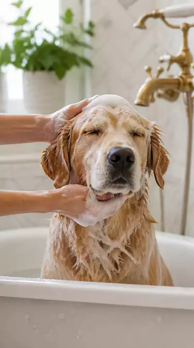Dog being gently bathed in a calm setting