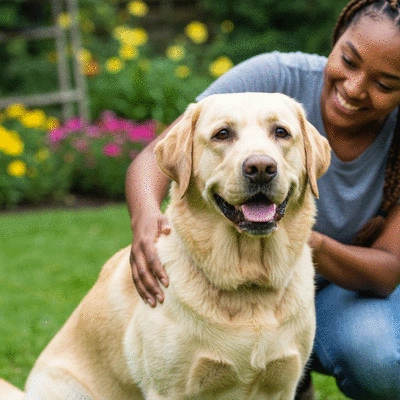 Dog with a healthy, shiny coat receiving a gentle brush from an owner's hand