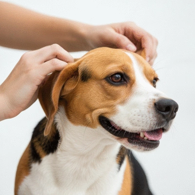 Happy dog being gently scratched behind the ears by an owner's hand, clear focus on healthy skin and fur