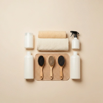 Assortment of dog grooming tools on a clean background