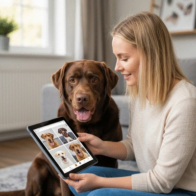 Owner and dog looking at a tablet with dog grooming information, symbolizing continuous learning, no text, no words, no typography, 8K