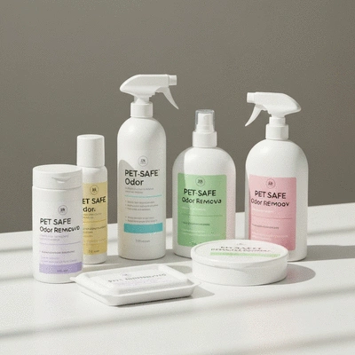 Variety of pet-safe odor removal products on a clean surface