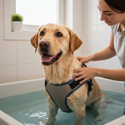 Happy dog being bathed in a home setting, focusing on breed-specific care