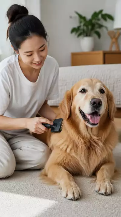 Person gently brushing a happy dog's fur at home