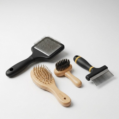 Assortment of various dog grooming tools like slicker brush, pin brush, and de-shedding tool laid out neatly on a clean white surface, professional product photography, no text, no words, no typography, 8K