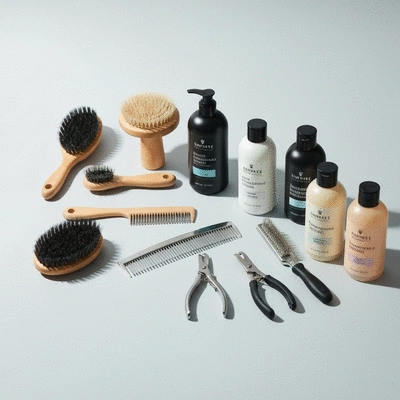 Assortment of dog grooming tools on a clean background