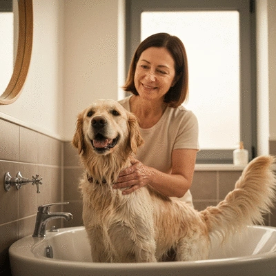 Dog enjoying a gentle bath with natural shampoo