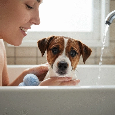 Happy puppy getting a gentle bath from a loving owner