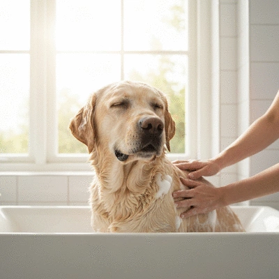 Dog getting an oatmeal bath, looking calm and happy, with visible suds and a gentle hand, no text, no words, no typography, clean image