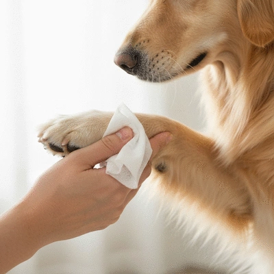 Close-up of a dog's healthy, clean paw being gently wiped by a human hand