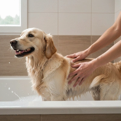 Happy dog playing in a bathtub with bubbles, being gently washed by owner's hands, joy and cleanliness, no text, no words, no typography, 8K