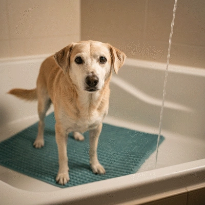 Senior dog standing on a non-slip mat in a bathtub, looking calm and comfortable