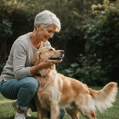 Owner gently petting a dog with a well-groomed, shiny coat, showing a strong bond