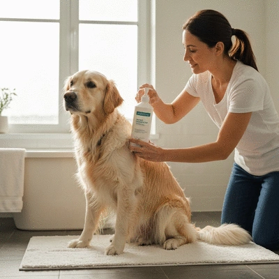 Dog being gently bathed with sensitive skin shampoo
