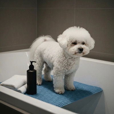 Dog calmly standing on a non-slip mat in a bathtub with bath supplies nearby