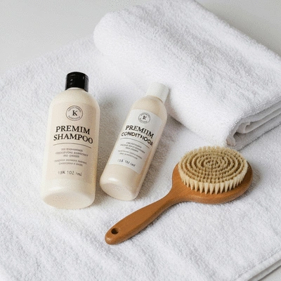 Various dog grooming supplies laid out on a clean towel, including dog shampoo, conditioner, brush, and a soft towel, ready for bath time, no text, no words, no typography, 8K